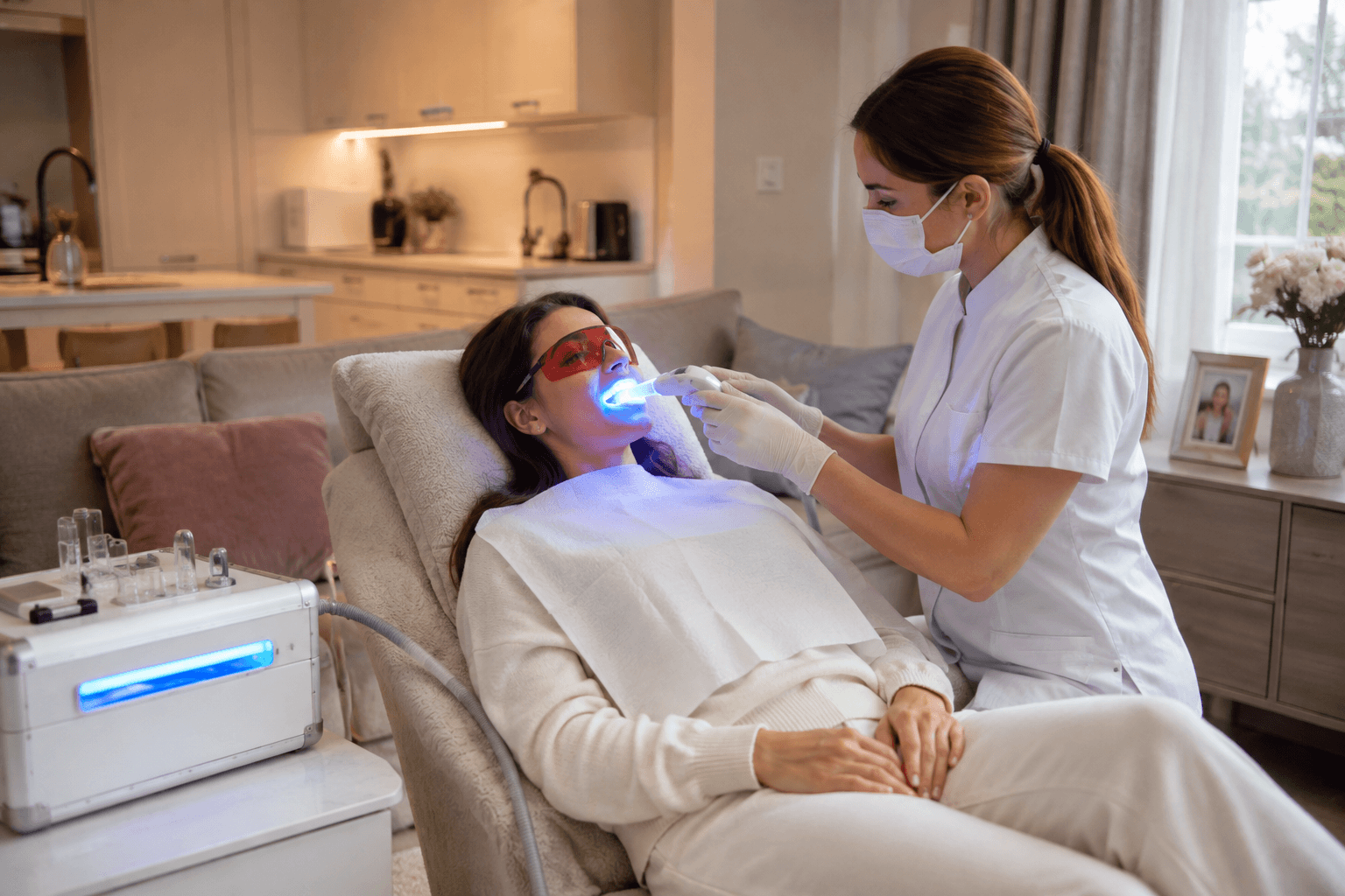 Portable professional teeth whitening equipment set up in client's home with trained consultant preparing for in-home whitening treatment